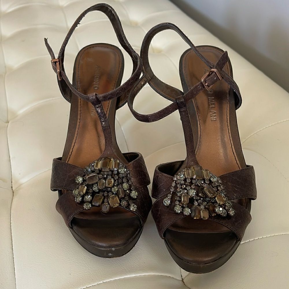 Antonio Melani bronze snakeskin jeweled heels